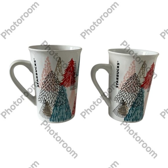 Starbucks 2018 Holiday Christmas Tree Tall Coffee Tea Mug  Cup 11 Oz  Set Of 2 - Picture 2 of 5